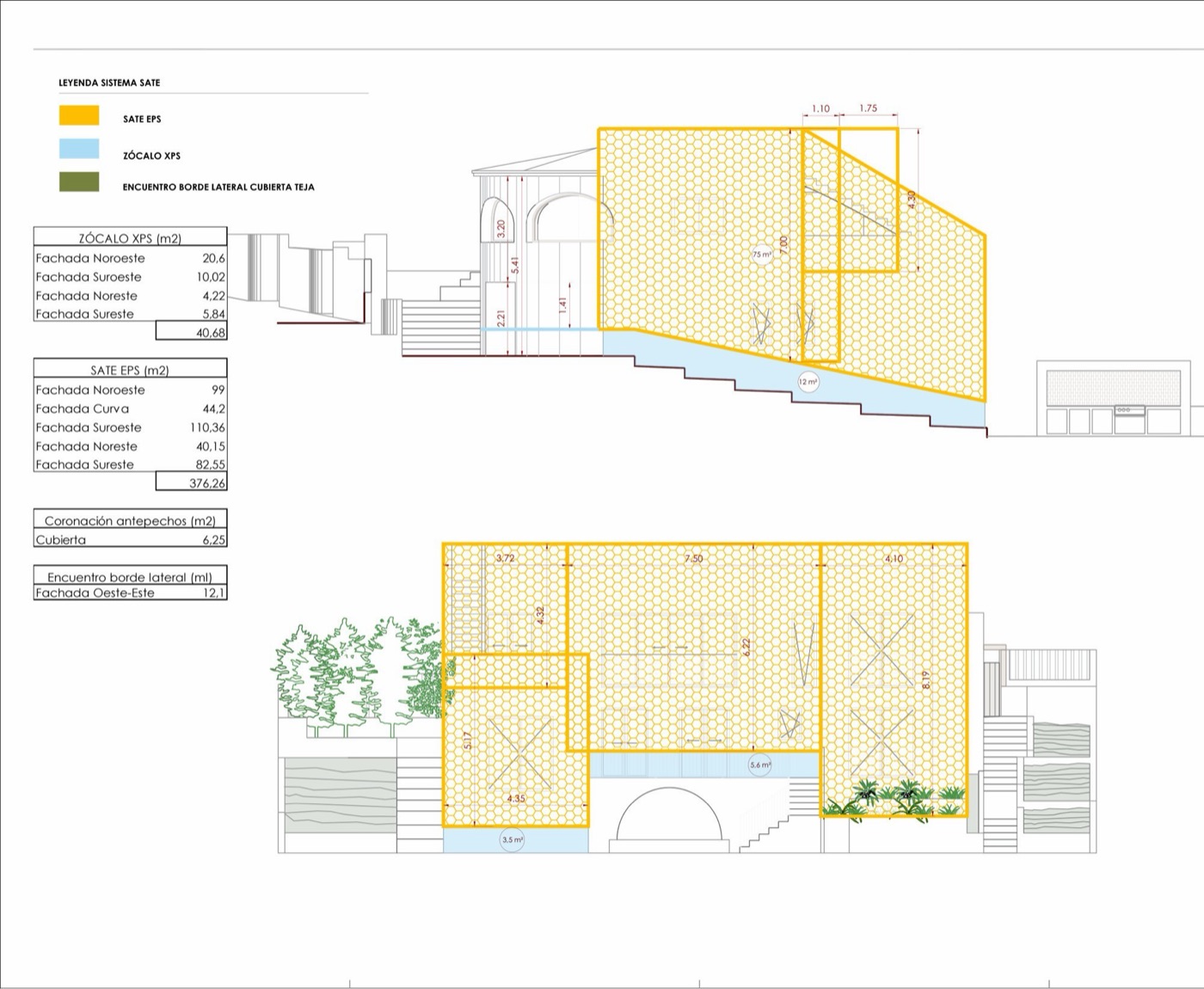 Drawing of the continuous insulated façade system (SATE) of Casa Aikido, 376 m² of EPS panels