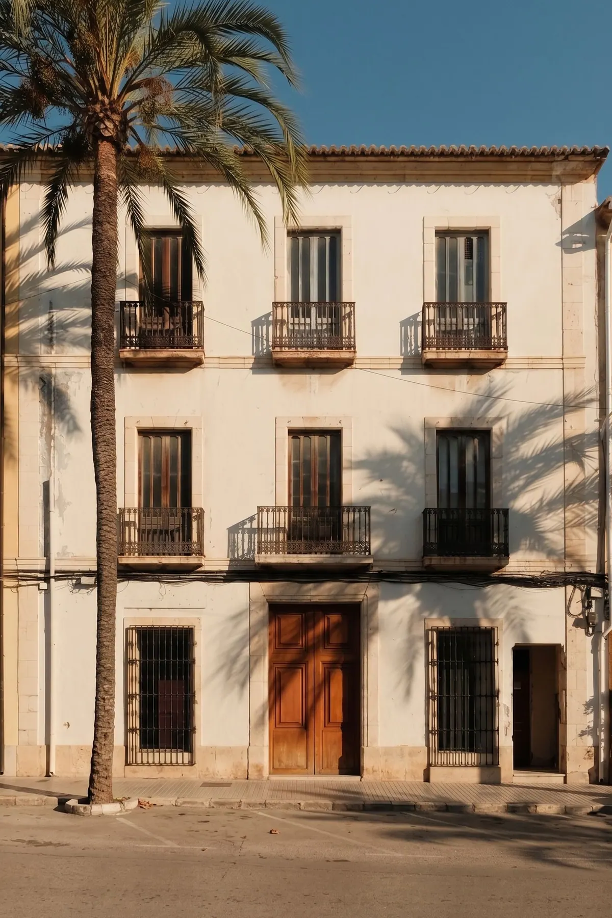 Historic three-storey façade with wrought-iron balconies and a palm tree, current state
