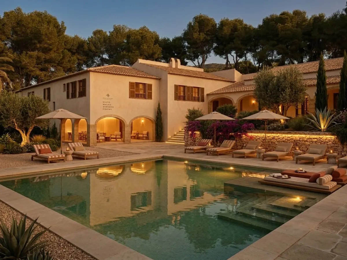 Mood image: Mediterranean house with arches and a pool lit at dusk