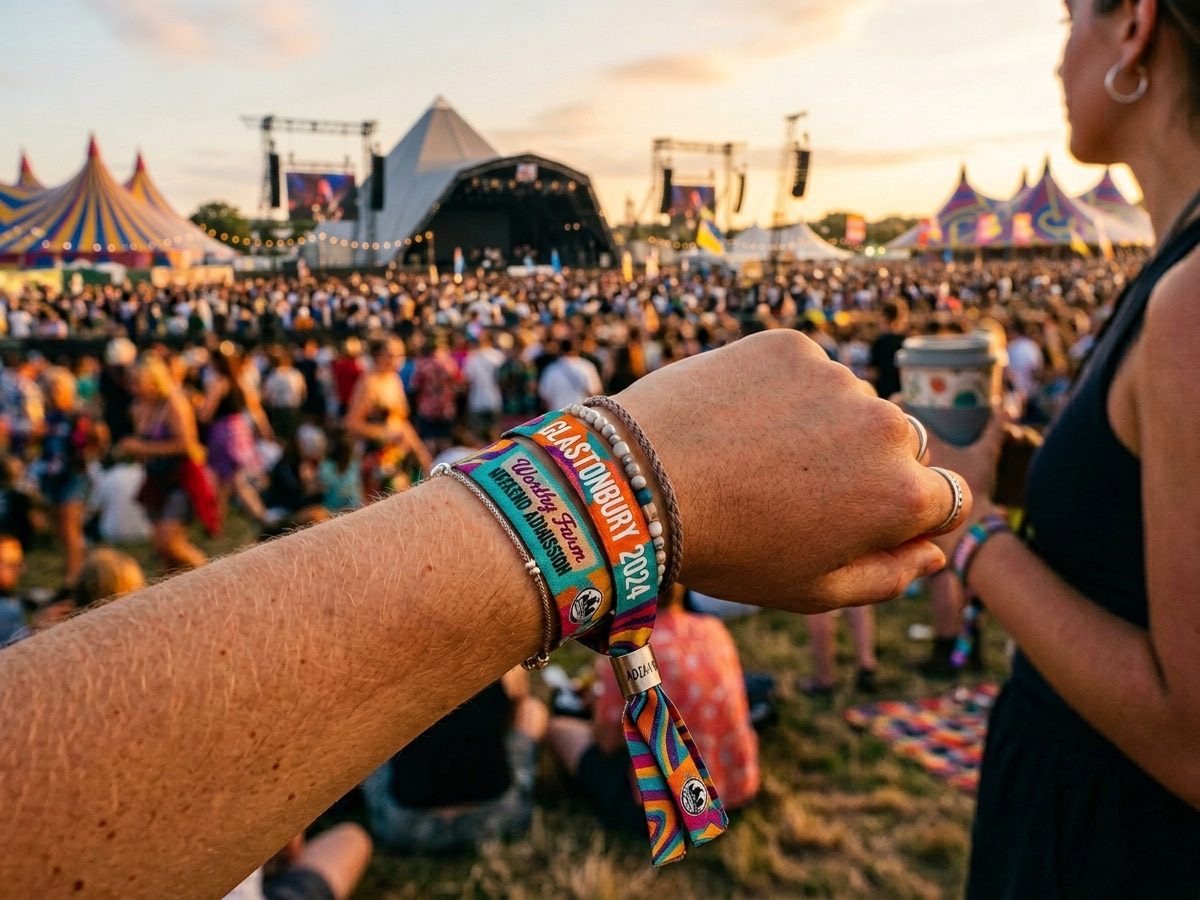 A wrist with a woven festival wristband in front of a festival crowd at sunset
